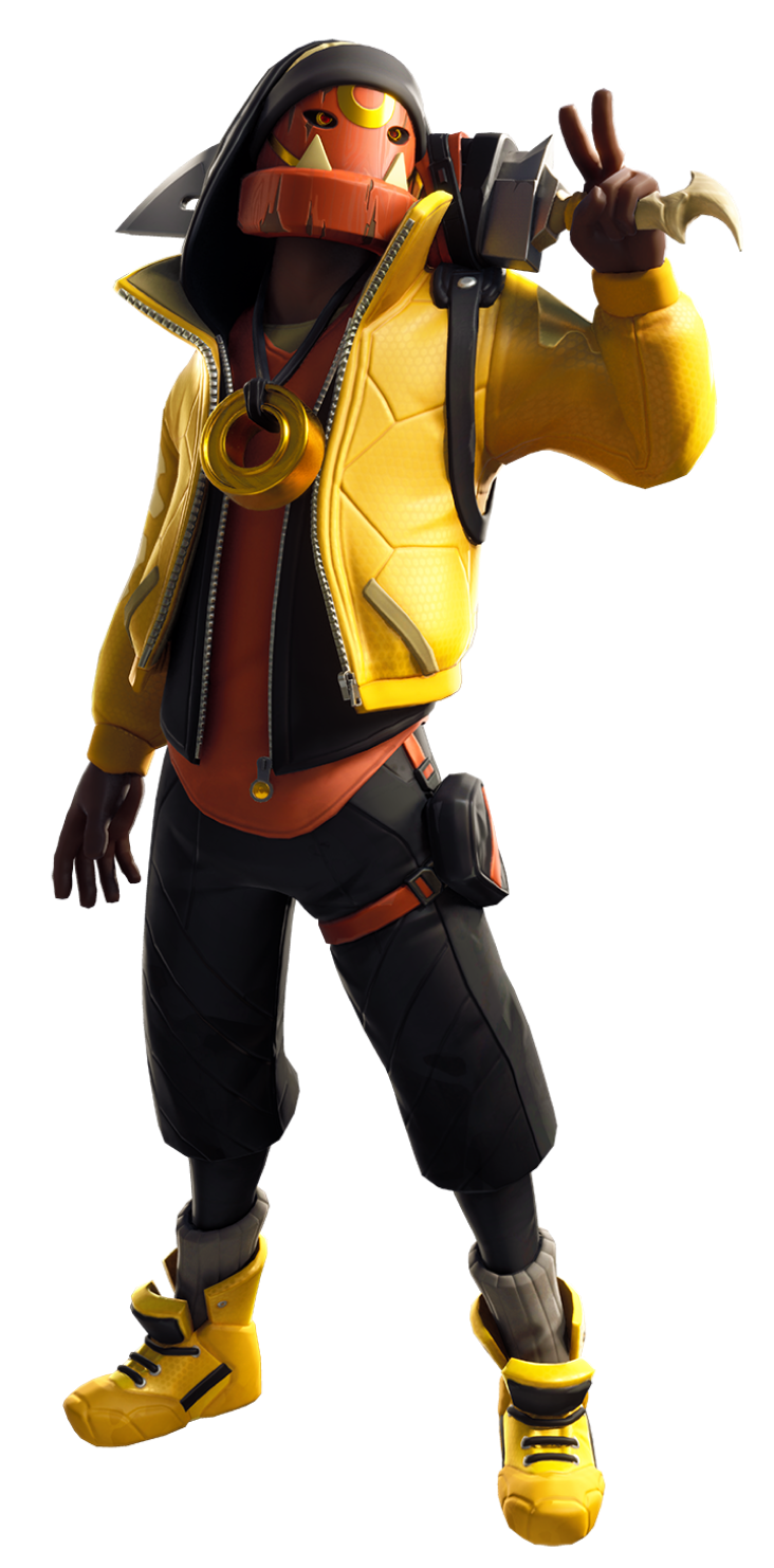 A Fortnite character illustration of a man wearing a goldfish mask and a yellow coat.